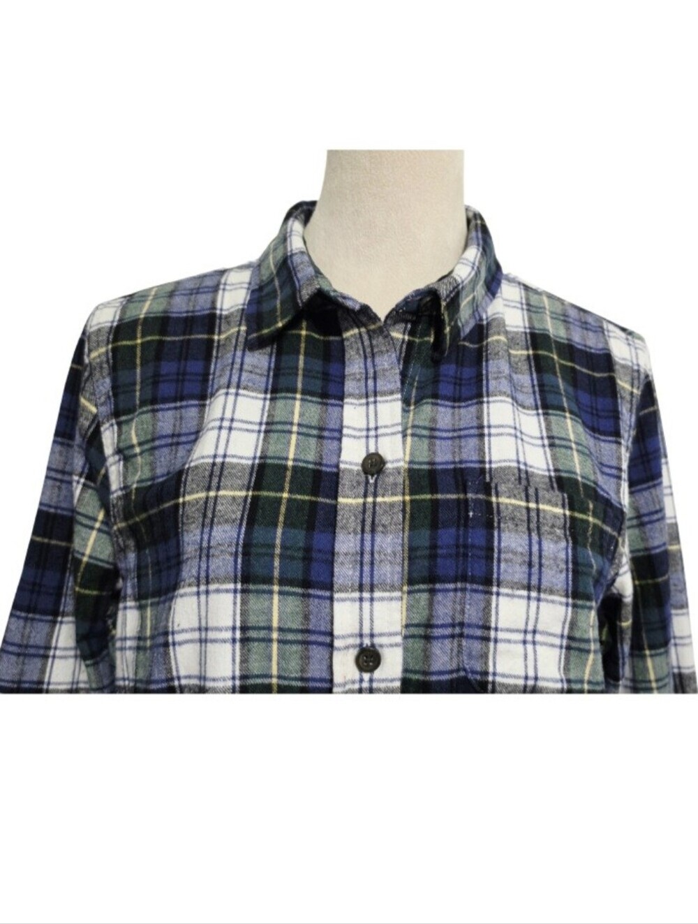 L.L.Bean Women M Tartan Plaid Flannel Shirt Relaxed Fit 100% Cotton Blue Green - Picture 4 of 13